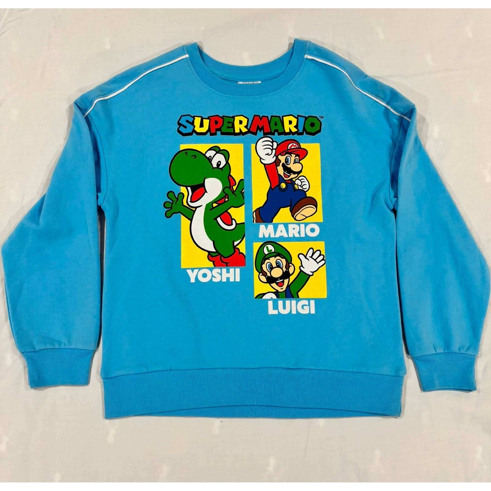 Super Mario Nintendo Boys Blue‎ Graphic Sweatshirt Yoshi Luigi Size L 10-12